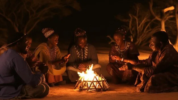 Cultural storytelling around a warm evening fire
